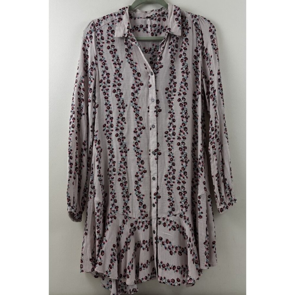 Free People Shirt Dress Pale Pink Blush Floral Ruffle Tunic Button Women’s Small